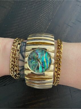 Gorgeous Unique Gold Bracelet Watch with Iridescent Abalone Dial